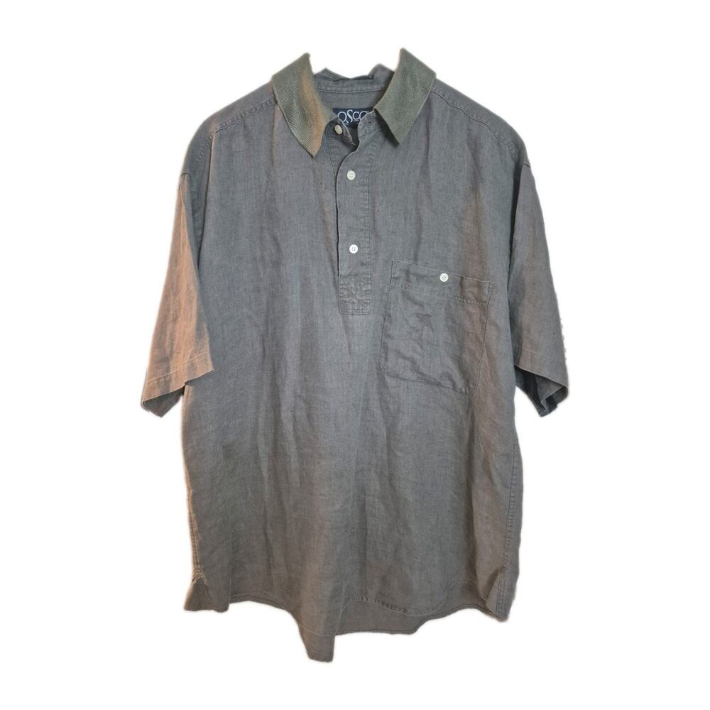 Vintage Old School Clothing Shirt Mens L Green 100% Linen Short Sleeve Button